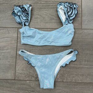 Shadi Deira Sky Bikini Metallic Blue Ruffle Made in Italy Size S